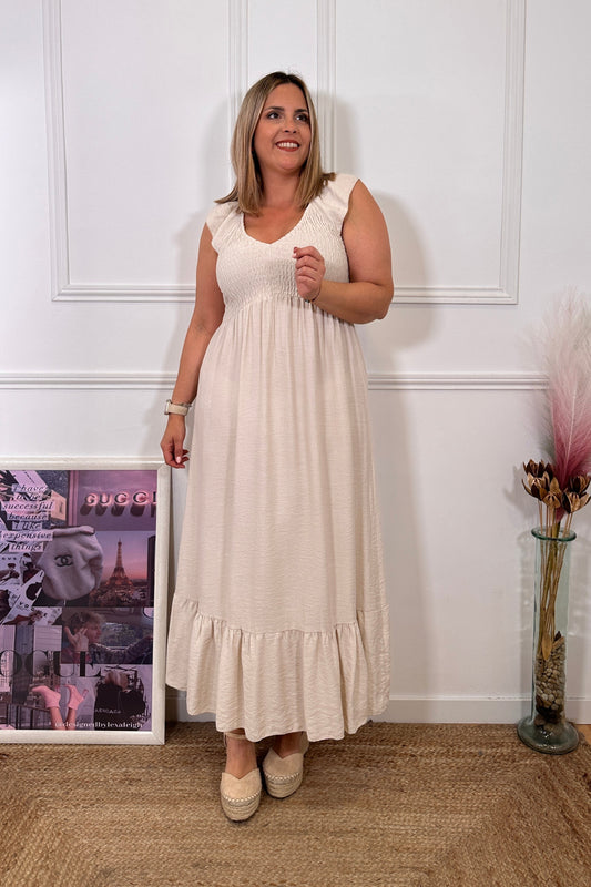 Vestido Frunce Beige