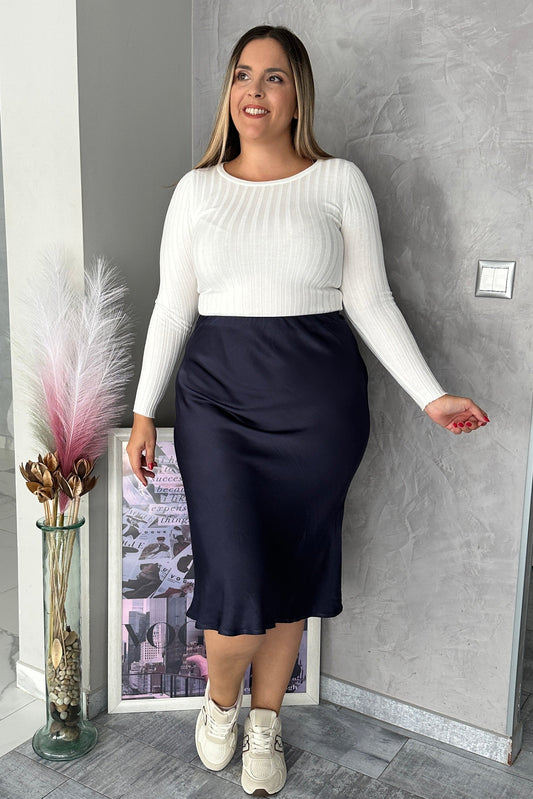 Falda Satinada Midi Azul Marino