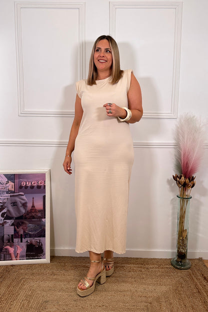 Vestido Hombreras Beige