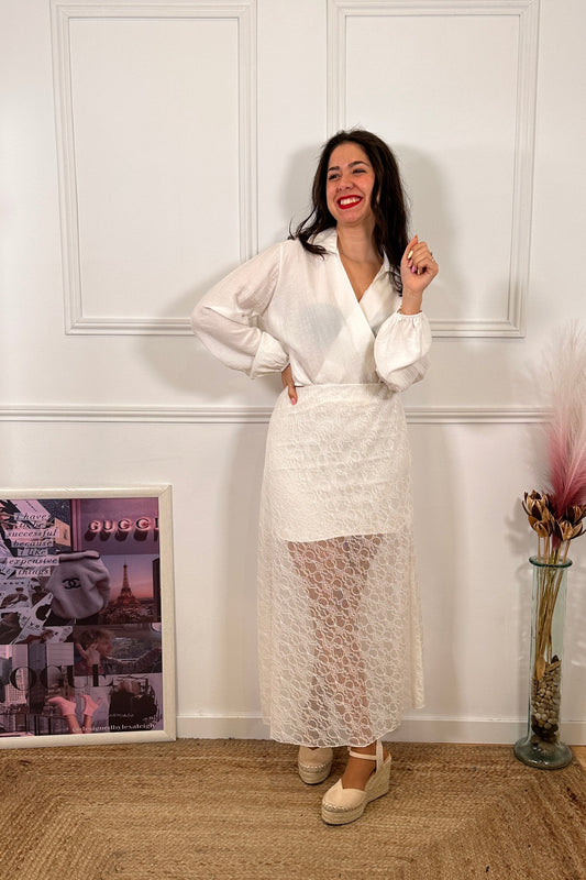Falda Encaje Midi Blanca